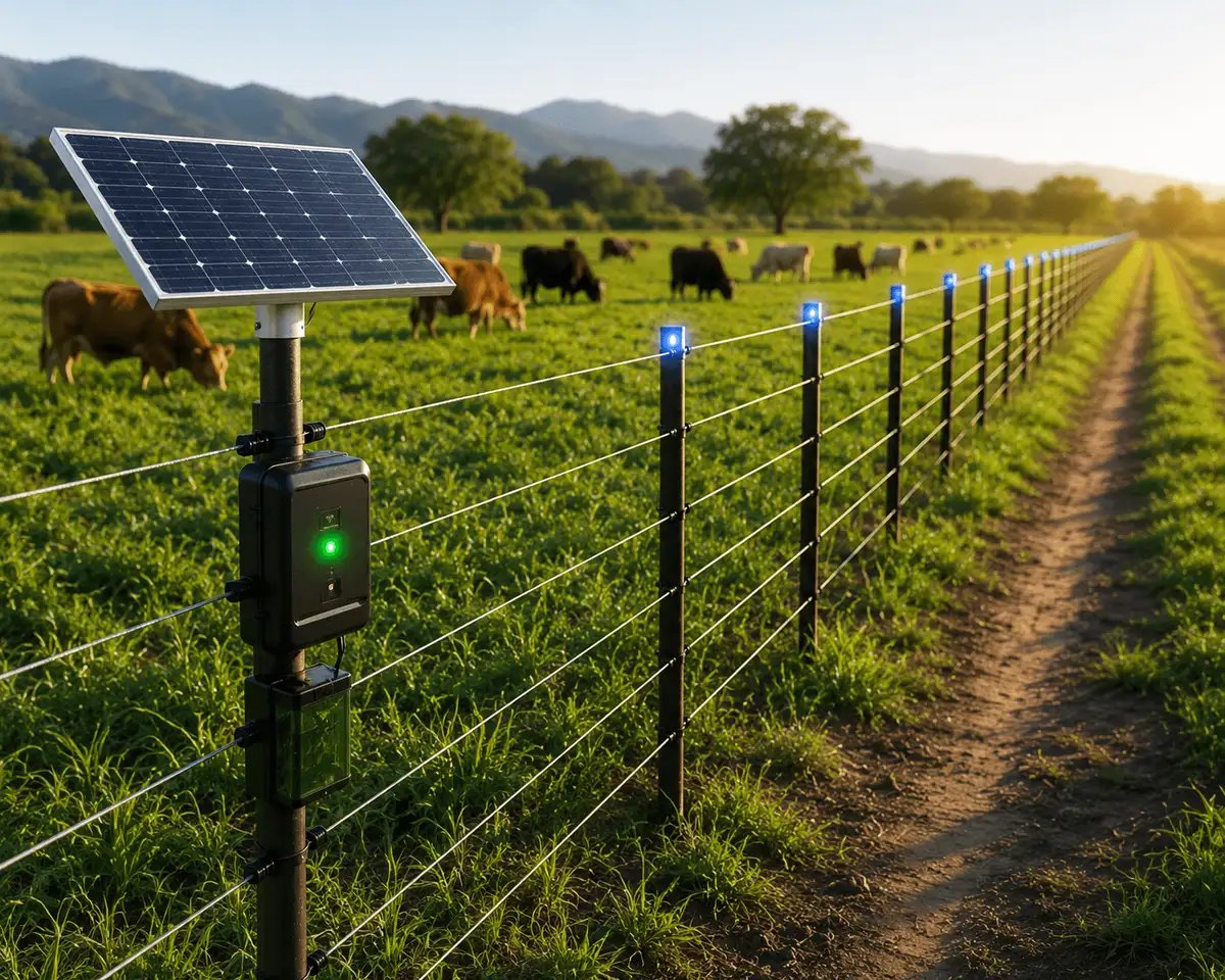 Solar-powered smart fencing system protecting farms with automated perimeter security, intrusion detection, and wildlife deterrence.